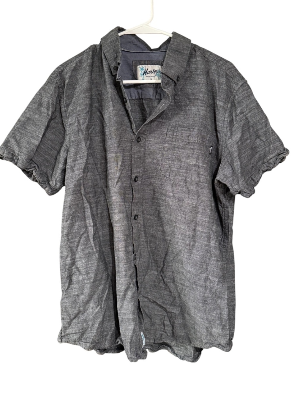Hurley Men’s Large Gray Slub Short Sleeve Button Down Shirt Standard Collection